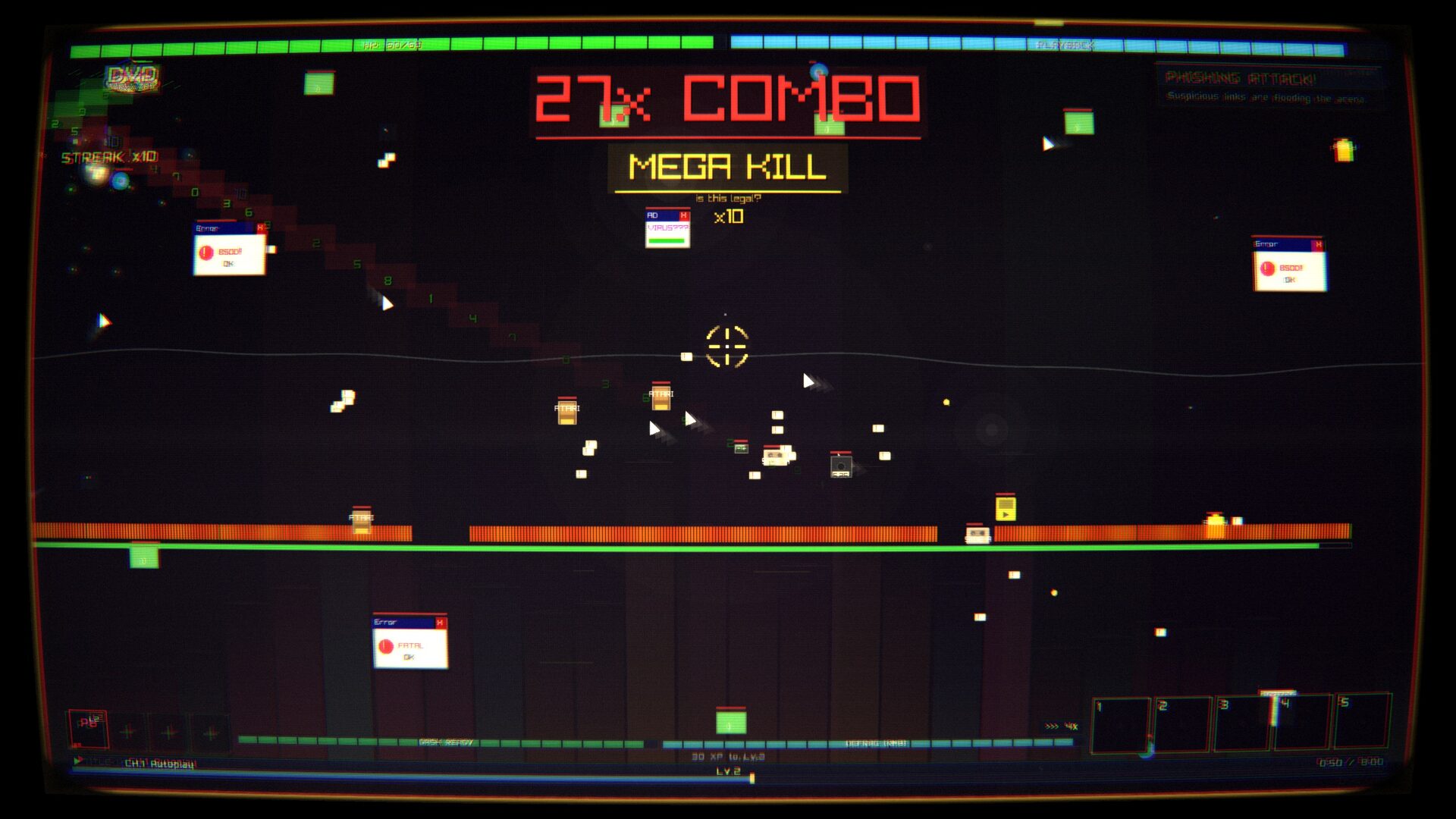 dvd survivors gameplay during a 27-hit combo with pop-ups and enemies across a crt-styled screen