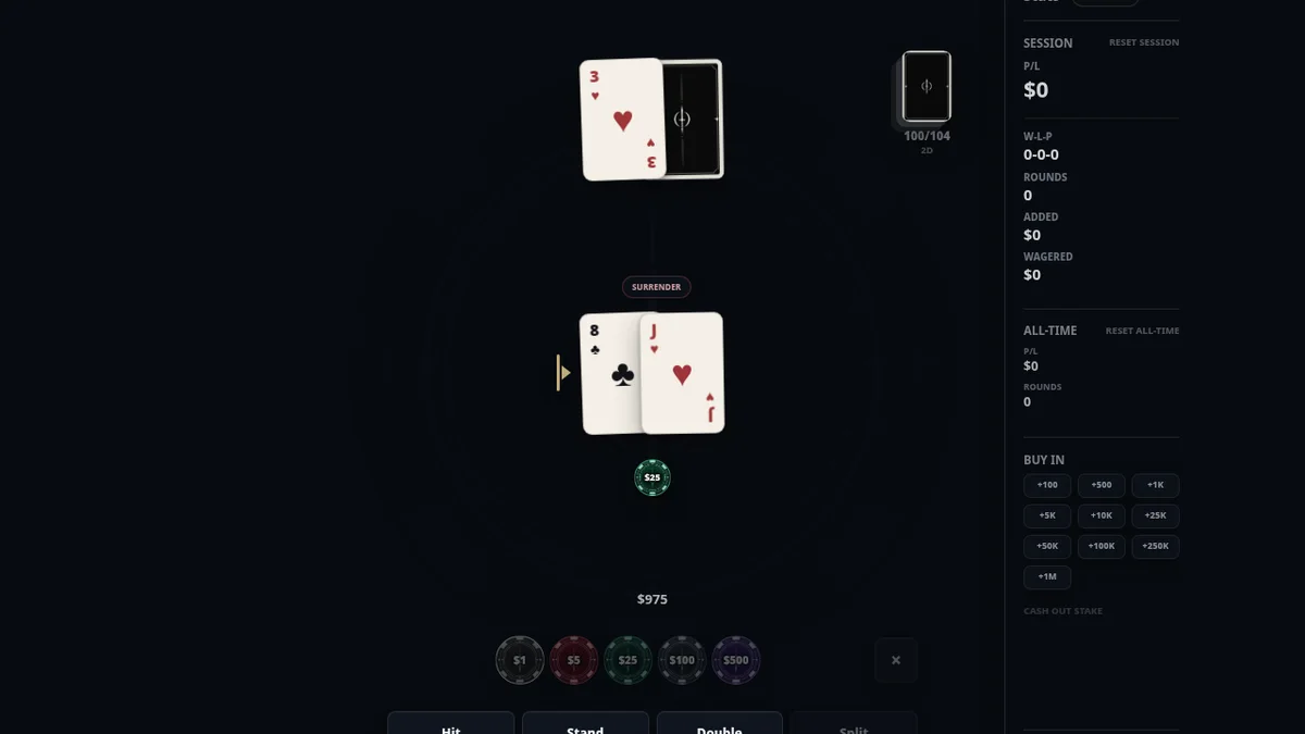 kasino 84 blackjack table showing the player and dealer hands, chips, and session controls