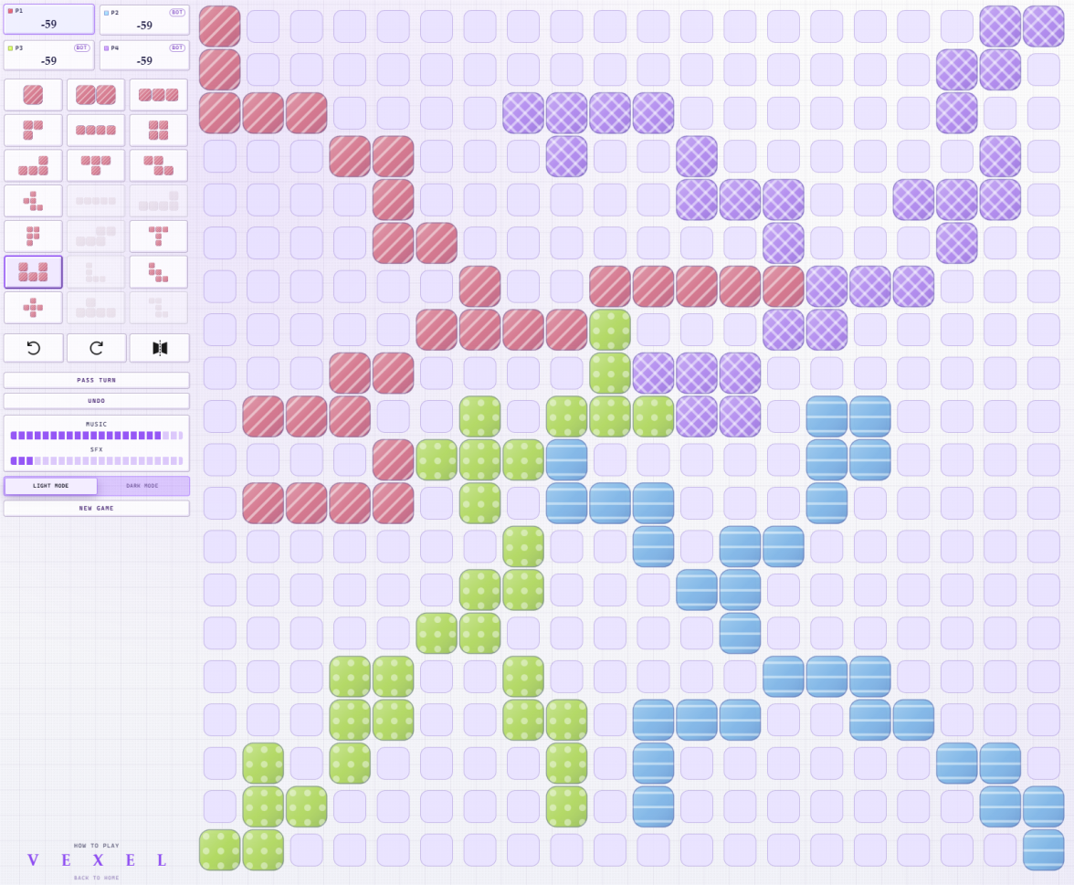 vexel four-player board filled with red, purple, green, and blue polyomino tiles